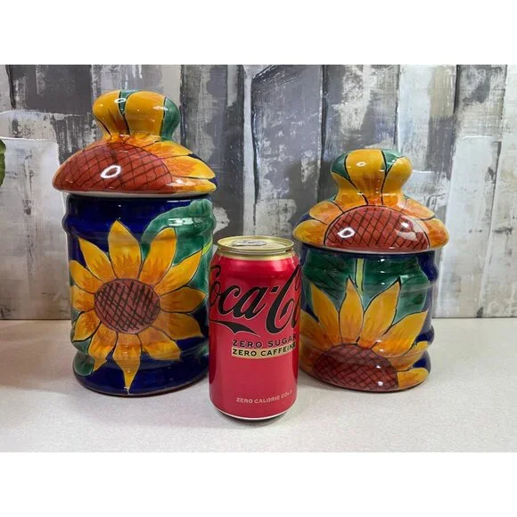 Mexican Blue Talavera Pottery Canister Set of 2 Sunflower w/ Lids - Picture 6 of 16